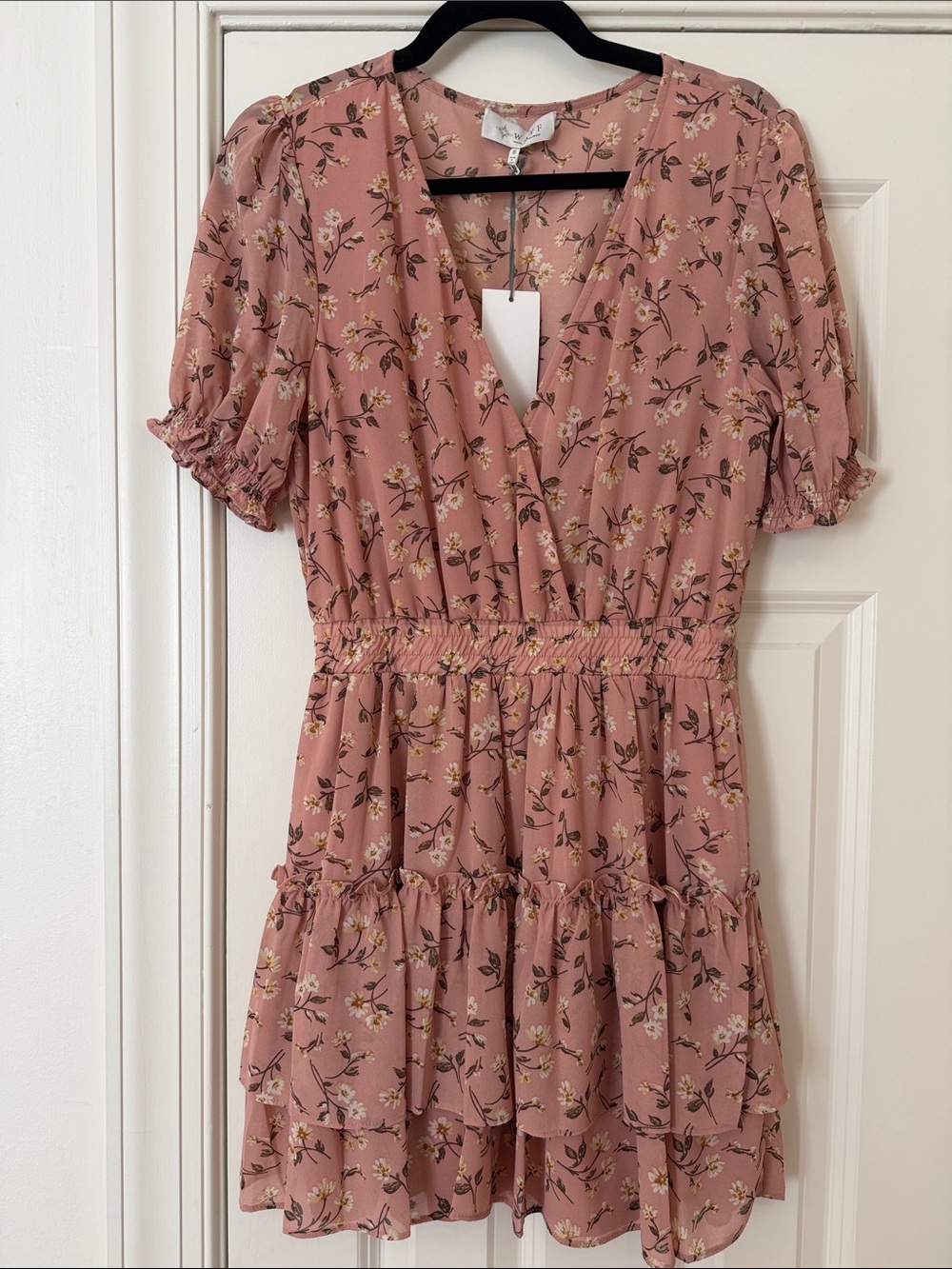 Wayf Dusty Rose Floral Smocked Mini Dress